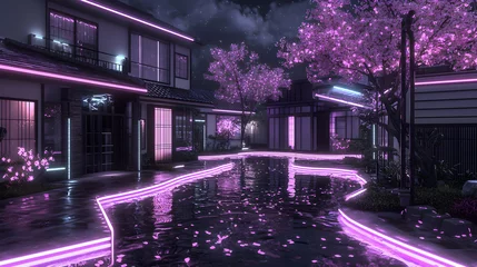 Fototapete Neon Pink and Purple Lit Night City Street in Japan © Adam