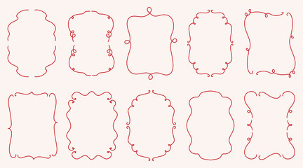 Set of vintage elegant hand-drawn decorative frames with a red outline. Each frame features a unique wavy, curly, or looped border. Design perfect for invitations, greeting cards, wedding and birthday