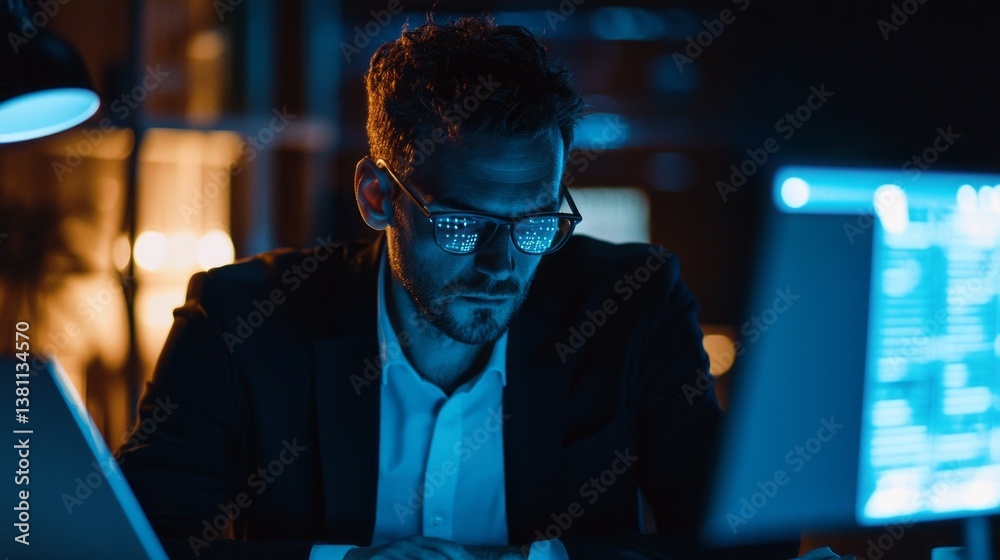 Poster in a contemporary workspace, a dedicated man in formal attire studies data on a glowing computer scr