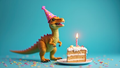 Dinosaur and Cake on Blue Background