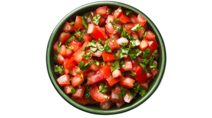 Fresh Tomato Salsa with Chopped Cilantro and Onions in a Green Bowl on a White Background Ready for Tasty Dishes or Party Appetizers