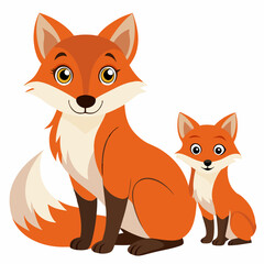 Obraz premium Cartoon fox with a cute fox cub. Fox family. Suitable for children's books, sticker, mascot, logo. Isolated vector illustration on white background 