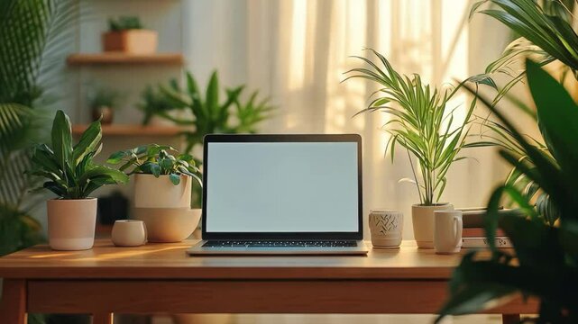 A laptop sits on a wooden desk in front of a window with plants. The laptop is open and the screen is blank. The plants in the background create a calming and natural atmosphere