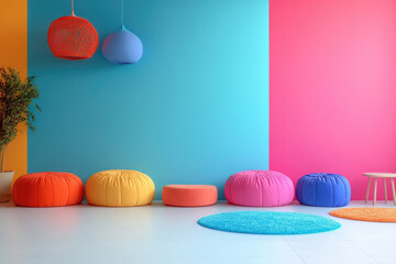 a bright and colorful minimalist children's play area with clean lines, modern design, and engaging elements, creating a safe and inviting space for fun, creativity, and exploration.banner.copy space
