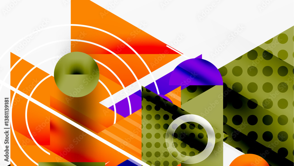 Poster abstract geometric composition. vibrant shapes, lines, circles create dynamic design. modern style, 