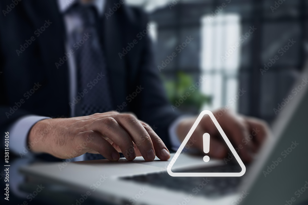 Poster leak of software data, cyber error symbol warning sign of system failure in the laptop. concept risk
