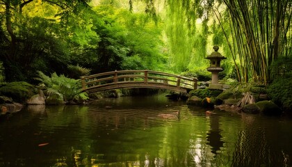 Tranquil Japanese Garden with Bridge and Lantern
