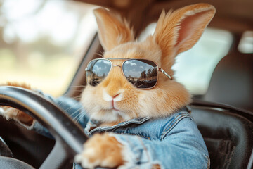 A cool Easter bunny with sunglasses as a police officer drives a patrol car through a festive spring scene. Funny rabbit character, cute holiday mascot, cartoon illustration.
