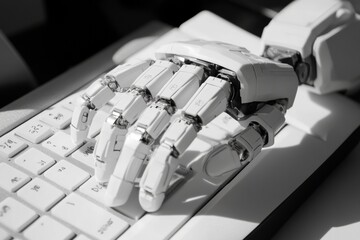 Robotic hand typing on keyboard depicting advanced artificial intelligence