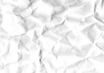 Halftone paper effect. Crumpled paper texture with folds and scratches. Wrinkled white paper in halftone collage style. Vector