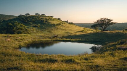 Tranquil Hilltop Pond Surrounded by Lush Greenery at Sunset