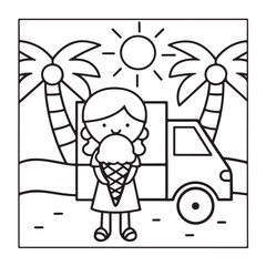 Summer Coloring Pages, bold & easy coloring page, summer background, summer food, Summer vacation, Hand drawn coloring page, Summer set of icons, Travel, beach, summer holidays, Vector illustration