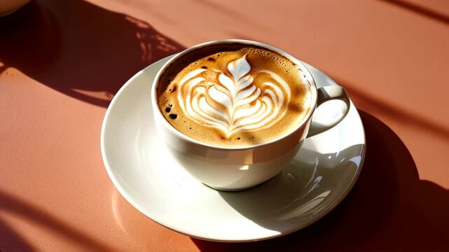 Close-up of latte with beautiful art design on top, coffee culture and cozy atmosphere
