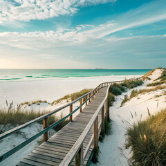 Idyllic Coastal Boardwalk: Tranquil Beach, Dunes & Expansive Ocean Vista