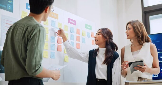 Group of Asian generation z business people work together in home office. Financial team businesspeople brainstorm meeting, use digital tablet and white board presentation. Corporate teamwork concept