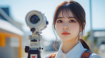 Young Asian Woman with Camera in Urban Setting A Day of Exploration and Discovery