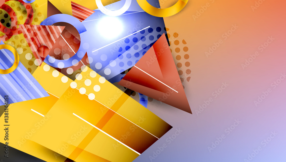 Poster Bright shapes overlap, creating dynamic composition. Colors blend, forming gradient background. Lines add structure, enhancing visual interest.