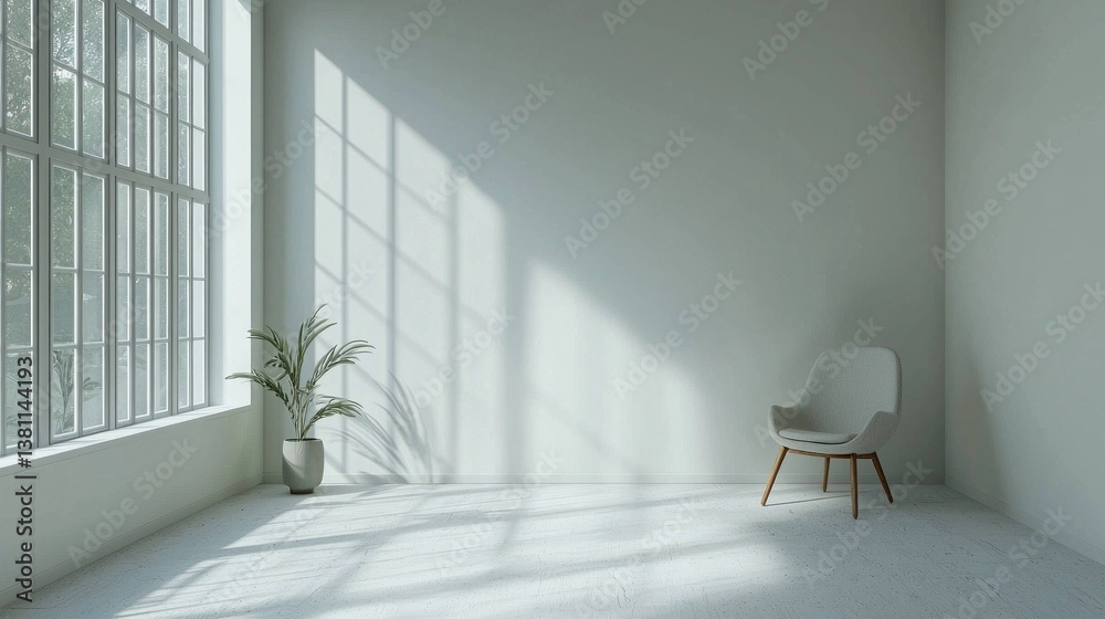Poster Soft sunlight streams through expansive windows into a tranquil room, illuminating a simple chair and a potted plant. The white walls and floor enhance the peaceful ambiance