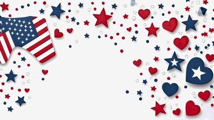 Obraz premium An American Flag design with stars and hearts in red and blue scattered on the sides, symbolizing patriotism and national pride.