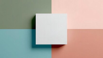 Minimalist geometric layout featuring a floating white square against a color-blocked background of soft pastel tones, casting a gentle shadow.