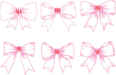 Hand Drawn Pink Decoration Bow Set on white background. Merry Christmas Copy space poster and banner for greeting card, poster or banner. Social, electronic and print media. 