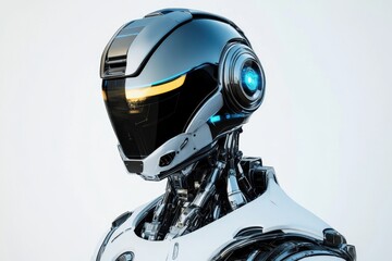 Futuristic humanoid robot with sleek design and glowing blue accents in neutral background