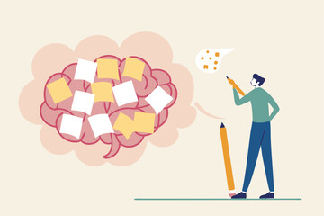 Idea memo, brainstorm or scrum sticky notes, productive plan, memory or task reminder, mind map for work arrangement, thought and wisdom concept, businessman write sticky notes on human brain.