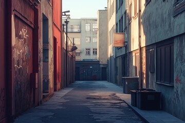 Fototapeta premium Narrow urban alleyway with graffiti in late afternoon light showcasing city life