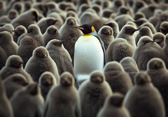 King Penguin Among Chicks  A Contrast of Size and Color in Antarctic Wildlife