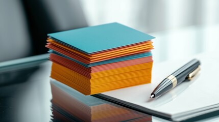 Colorful business cards stacked on a modern desk professional workspace close-up view creative concept