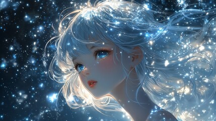 Anime girl with shimmering silver hair, starry background, dreamy vibe.