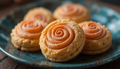 Fototapeta premium Delicious Rose Cookies on Teal Plate for Sweet Treat Indulgence