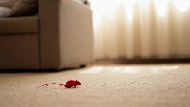 Ginger cat leaping mid,air chasing red toy mouse indoor playful pet action stock footage Generative AI
