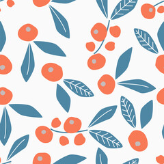 Rowan berry floral botany seamless pattern. Doodle bright hand-drawn background with branches and leaves. Merry Christmas and Happy New Year Holiday concept. Winter seasonal greetings.