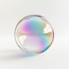 Iridescent soap bubble with soft rainbow reflections isolated on white background perfect for clean beauty concepts purity wellness or creative art.