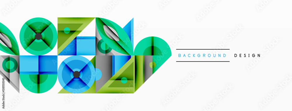 Poster Abstract geometric composition. Overlapping squares, circles create modern design. Blue, green shades dominate. Minimalist style. Clean lines.
