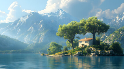 Obraz premium Serene lake house with majestic mountain view