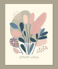 spring bouquet of flowers and plants in pastel colors in flat style. Vector art with plants, leaves, flowers