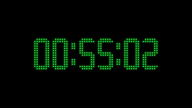 animated countdown timer 60 minutes to 0 seconds, digital square led number. animation video isolated on alpha channel(transparent) background.