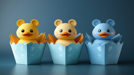 Adorable Baby Ducklings in Pastel Blue Boxes: A Delightful 3D Render
