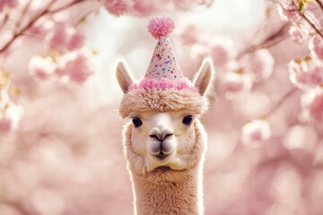 Naklejka premium Llama wearing party hat in blossom-filled background