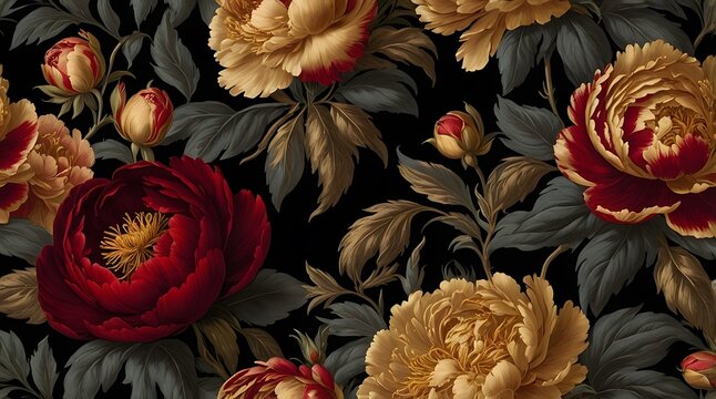 A rich floral pattern showcases deep red and gold flowers against a dark backdrop, creating a luxurious and timeless botanical arrangement.