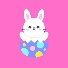 White Bunny Emerging from a Cracked Easter Egg with Polka Dots