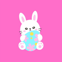 White Bunny Sitting and Hugging a Blue Easter Egg with Pink Flowers