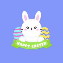 Cute White Bunny with Easter Eggs and Happy Easter Green Ribbon Banner