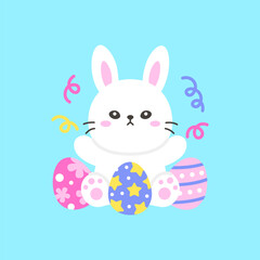 Joyful Bunny Sitting at the Center of Decorated Easter Eggs with Colorful Confetti