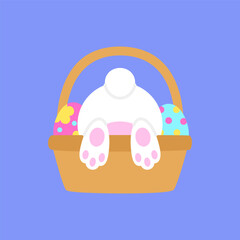 Cute Easter Bunny Stuck in Basket with Paws Up and Colorful Eggs