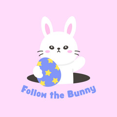 Easter Bunny Peeking from Hole Holding a Starry Egg with Follow the Bunny