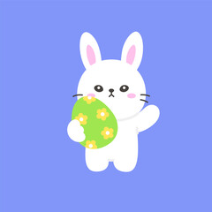 Minimalist White Easter Bunny Holding a Green Egg with Yellow Flowers