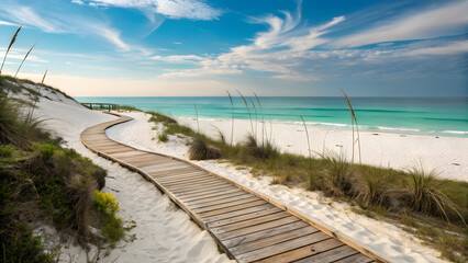 Idyllic Coastal Boardwalk: Tranquil Beach, Dunes & Expansive Ocean Vista